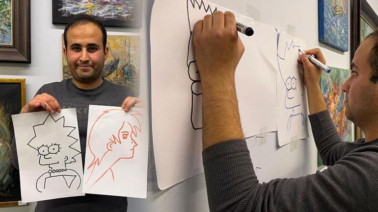 Olağanüstü yetenek Aynı anda elleriyle 2 farklı resim çiziyor
